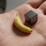 Крошечный банан и вольфрамовый кубик на ладони